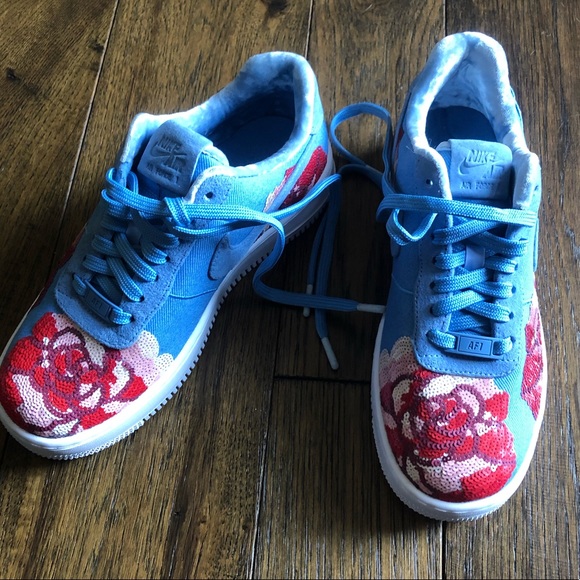 NIKE Air Force 1 Upstep Sky Blue Floral Shoes - Picture 6 of 8